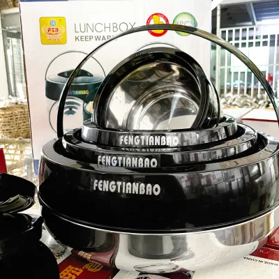 Large Capacity 4PCS Double Layer Hot Pot Lid Casseroles Set Black Stainless Steel European Plastic Lunch Box Food Container Home