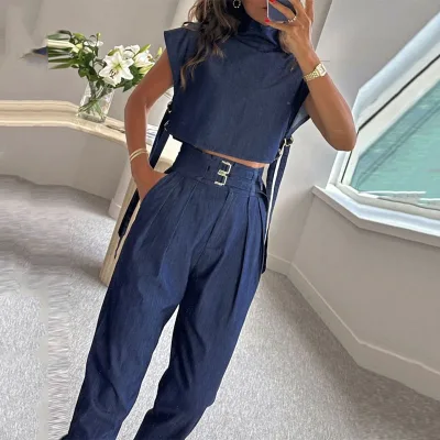 Summer New Casual Belt Decoration High Collar Short Sleeve Long Women's Set