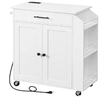 Modern Home Use Rolling Wood Cart with Power Outlet Wheels Kitchen Storage Island Spice Rack Drawer Kitchen Islands & Carts