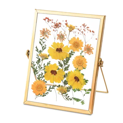 Handmade Square Gold Metal Glass Pressed Flower Frame for Valentine's Day Gift Home Wedding Tabletop Decor