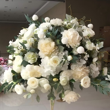 Elegant European Style Red Green Trailing Artificial Flower Arrangement Roman Pillar Floral Centerpiece Wedding Reception Stage