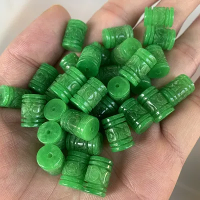 Green Jadeite Jade Dragon Pillar Column Beads Chinese Zodiac Hand Carved Pendant Necklace Accessories Pieces