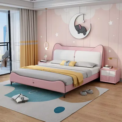 Modern pink Princess Bed Bedroom with Hydraulic Rod Storage Children's Bed with Leather Cover for Girls to Sleep