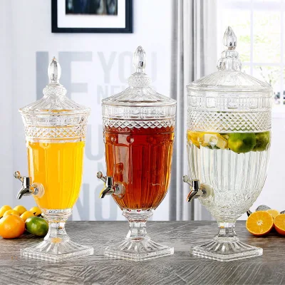 1.2 Gallon Thickened Embossed Crystal Glass Dispenser Cold Water Pitcher Spigot Juice Jug Large Capacity Beverage Cola Beer