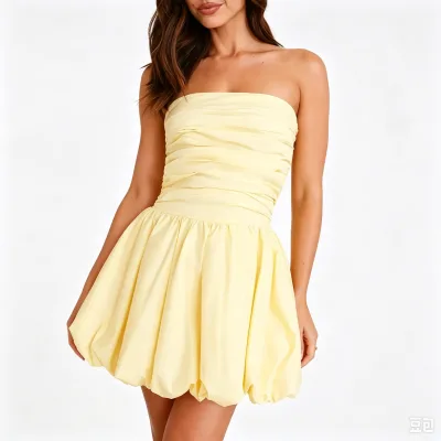 New Summer Yellow Strapless Mini Dress for Women Backless Big Bow Decor Bubble Puff Skirt Birthday Club Evening Party Dress
