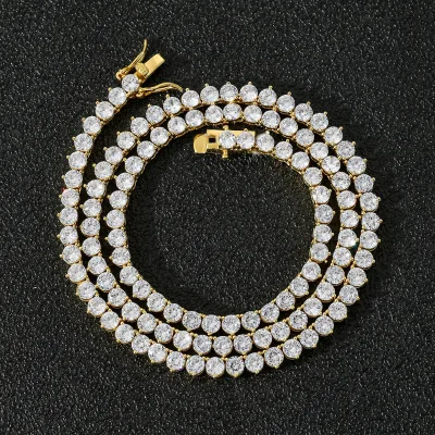 4mm Cubic Zirconia Tennis Chain Necklace 18k Gold Plated Mens Cuban Link Chain