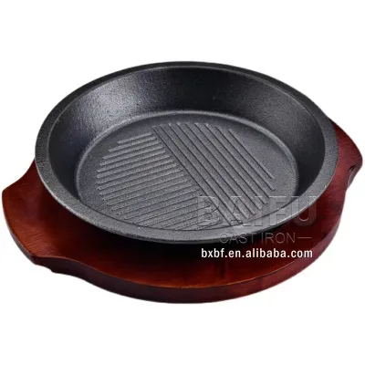 Pre Seasoned Sizzle Griddle Hot Plate Sizzler Pan Sizzling Plate Cast Iron Round Pan with Red Wood Base