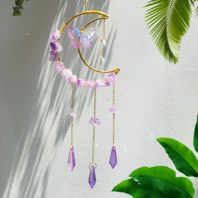 Wholesale Modern Design Moon Wrap Pendant with Natural Crystal Stone Fantasy Dazzle Amethyst Butterfly Accessories Sun Catcher