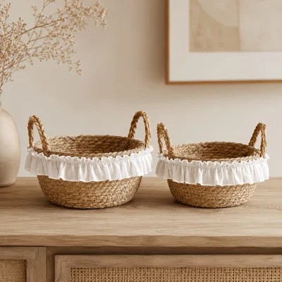 Vintage Lace Trim Handwoven Straw Storage Basket Set, Cottagecore Wicker Organizer Baskets With Handles for Bedroom