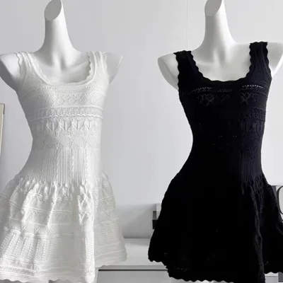 Women Scoop Neck Sleeveless Cutout Knit Mini Dress Ruffled Tiered Flowy Skirt Pastel Blue Slimming Summer Resort Beach Short