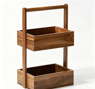 Natural Teak 2-Tier Storage Caddy Portable Teak Basket Shelf for Bathroom Skincare Toiletries