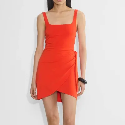 High Quality Orange Square Neck Wrap Dress-Mini Formal Breathable Natural Waist Slim Fit Chic Ruched Detail Elevate Your Party
