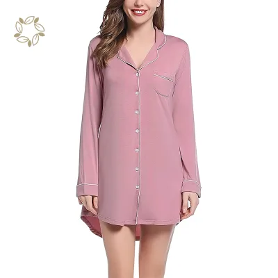 Organic Womens Long Sleeve Sleep Shirts Sustainable Bamboo Nightgown Eco Friendly Bamboo Women Night Shirt