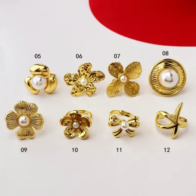 Delicate Vintage 18K Gold Plated Brass Flower Pearl Open Adjustable Ring Woman Wedding Engagement Jewelry Gift
