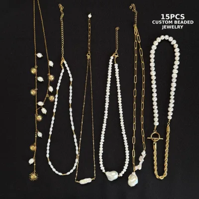Luxury 15PCS Custom Freshwater Pearl Jewelry 18K Gold Chain Necklace Baroque Pearl Sunburst Pendant Gemstone Gift Set for Women
