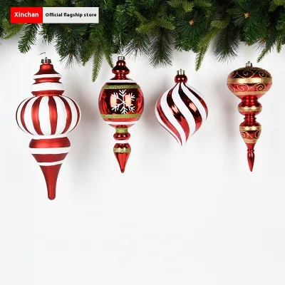 Elegant Red White Sequined Christmas Decorative Supplies Beautiful Painted Plastic Gourd Hanging Pendant for Tree Ornaments