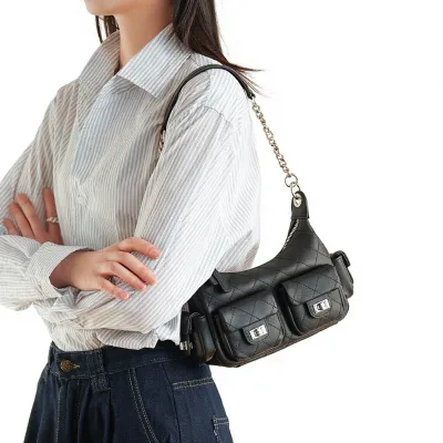Style Diamond-quilted Embroidered Thread Light-luxury High-end Fashionable Korean-style Full-grain Women's Shoulder Bag Zipper