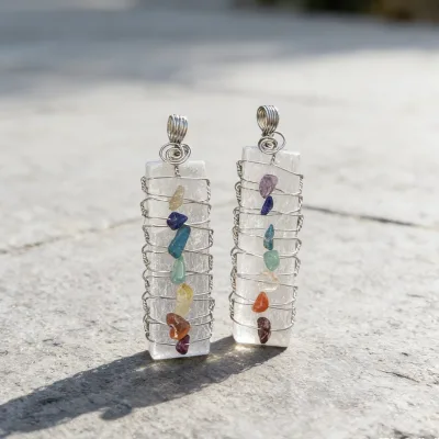 Natural Stone Crystal Pendant Female Bar Shape Rectangular Selenite Silver Plated Wire Wrapped 7 Chakra Beads White Quartz Gift
