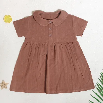 Custom Label New Style Kids Girl Dress Cotton and Linen Frock Soft Collared Toddler Dress with Button
