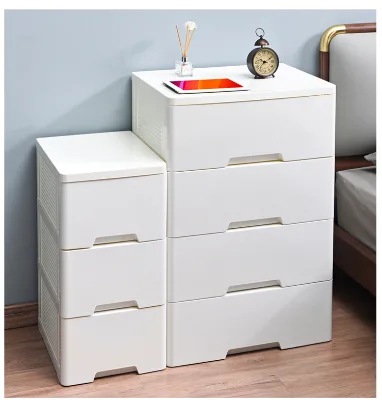 Lightweight Portable Plastic Storage Cabinet with Wood-Grain Panels Easy-to-install Drawer-Style for Household Items