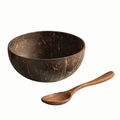 Eco-friendly Handmade Coconut Bowl with Wooden Spoon Set Coconut Shell Salad Bowl Wholesale Set