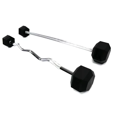 Wholesale Rubber & Cast Iron Barbell Set with Curl Bar Straight Bar Fixed Barbells-Black for Weight Lifting Equipment