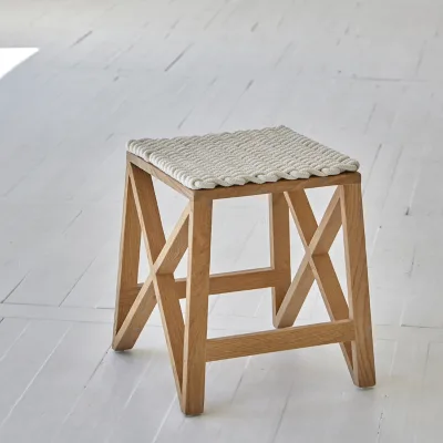 Natural Furniture Solid Oak Wabi-sabi Furniture Wooden Stool Ottoman Natural Cotton Weaving Seating Chair