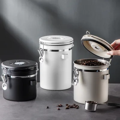 Airtight Stainless Steel Kitchen Food Storage Container Date Tracker and Scoop for Grounds Coffee Bar Accessories