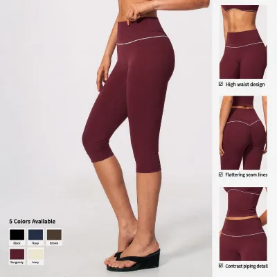Women Spliced High Waist Capri Leggings Contrast Piping Butt Lifting Yoga Pants Cropped Gym Fitness Activewear Bottoms