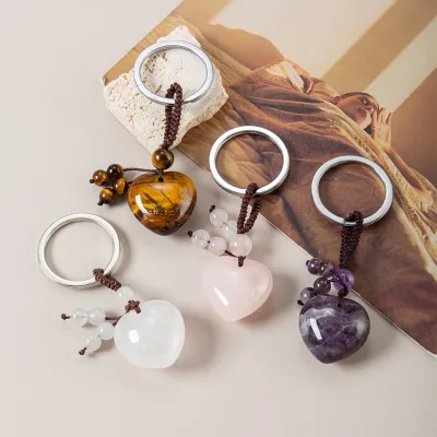 2026 Natural Quartz Crystal Heart Gemstone Pendant Keyring 7 Chakra Beads Healing Gemstone Key Ring ZP Brand Portable