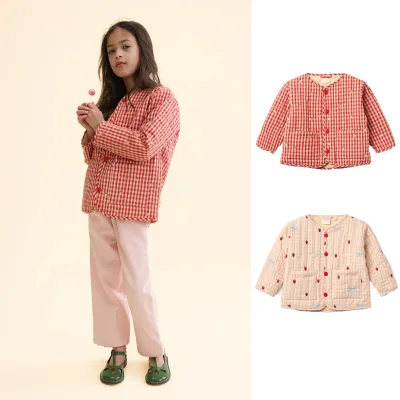 Fall/Winter New Arrival Adorable Plaid Cotton Padded V-neck Single-breasted Jacket Kids Strawberry EmbroideryThick Warm