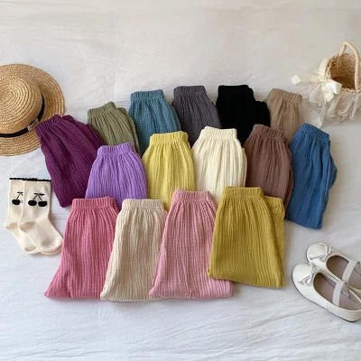 Custom OEM New Korean-Style Cotton Yarn Softened Anti-Mosquito Solid Color Kids Loose Cropped Harem Pants Boys Girls