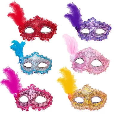 Mardi Gras Masks Plastic Carnival Parade Faux Feather Face Masks Masquerade Party Princess Novelty Masks Fantasy Kids Costume