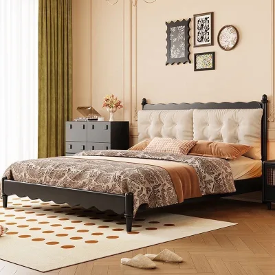 Tufted Upholstered Bed Frame Cream White King Size 1.8m Dark Wood Scalloped Headboard French Vintage Master Bedroom Doppelbett