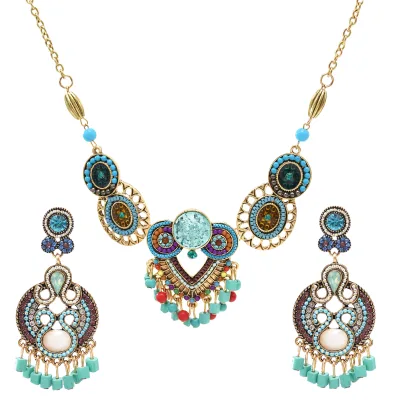 Bohemian Multi Beads Rhinestone Choker Necklaces Earrings Set Gypsy Indian Jewelry