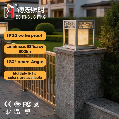 Premium Design Outdoor Square Decorative Stainless Steel 10W IP65 Rating Marble Pattern Translucent Lampshade Post Top Light