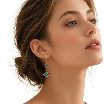 Oudada European-American Style Four-Leaf Clover Shape Zircon Pendant Earrings 18K Gold-Plated Stainless Steel Women's
