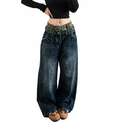 Customized Women's Y2K Leopard Patchwork Low Rise Wide Leg Jeans Vintage Washed Baggy Denim Pants With Rivet Eyelet Details