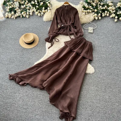Women's Elegant 2 Piece Outfit Set Mock Neck Long Sleeve Pleated Tie Waist Top Flowy Ruffled Maxi Skirt for Spring Fall