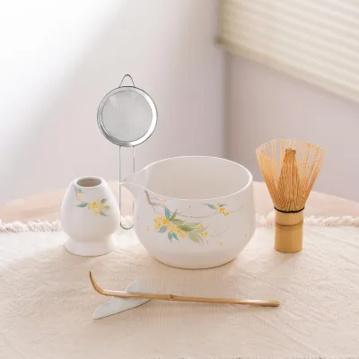 Matcha Whisk Set - Hand - Painted Pure White Ceramic with Delicate Osmanthus Blossom Design Complete Matcha Bowl Set