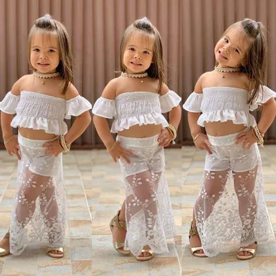 Ins Hot Style Girls Casual Summer Suit One-Shoulder Top Lace Pants Cross-Border Export Children Kids Sweat Suit Sets