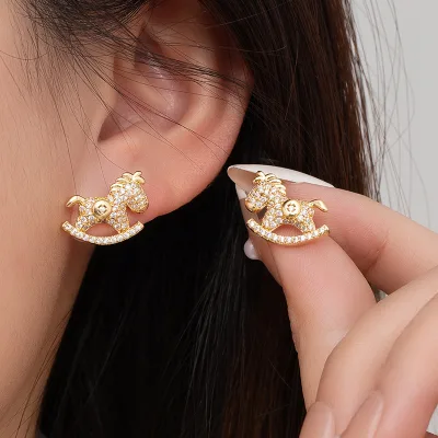 Women's Chinese-style Zircon-encrusted Copper Wooden Horse Coin Stud Earrings Delicate Dainty New Year-themed Electroplated