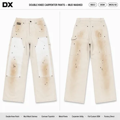 Custom 420GSM Mud-Wash Distressed Carpenter Pants Double Knee Patch Contrast Topstitch OEM Manufacturer Private Label for Brands
