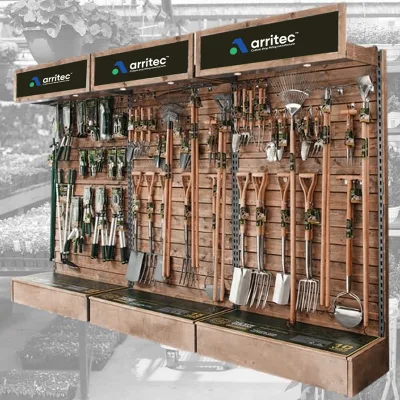 Custom Wooden Slatwall Garden Tool Display Rack Floor Standing Hardware Store Shelving