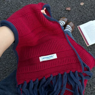 Korean  2026 Autumn and Winter New White Red Tassel Knitted Muslim Women's High-end Polyester Scarf Shawl