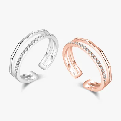 Stunning Clear CZ Original Design Fine Jewelry 925 Sterling Silver Simple Double Layer Line Design Adjustable Rings for Women