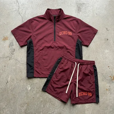 sweatshirt Half Zip Shirt and Shorts Set for Men Relaxed Fit Logo Print Color Block Panels and Front Pocket hoodie set