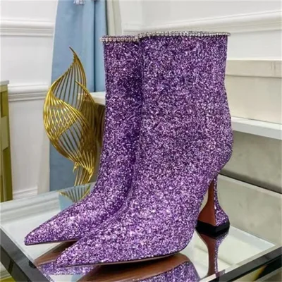 Womens Ankle Boots Pointed Toe PU Upper Crystal Trim Stiletto Heel Fashion Dress Boots for Autumn Winter Evening Party Wear