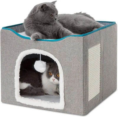 2-in-1 Cat Cave & Cat Bed with Scratcher, Foldable All-Season Indoor Cat Condo