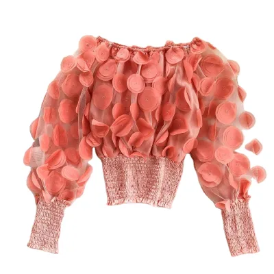 Off-Shoulder Waist-Cinching Cute Short Women's Blouse with 3D Floral Puff Sleeves Sheer Mesh Chiffon Slim Fit Fashion